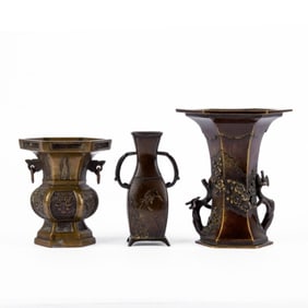 Three Antique Japanese Cast Bronze Vases