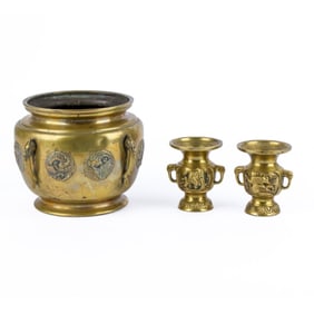 Group 3 Antique Japanese Brass Alloy Vases