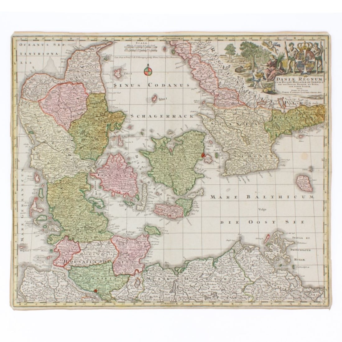 Mid 18th C. Map of Denmark / Tobias Conrad Lotter: Antique engraved and hand colored map of Denmark and southern Sweden by German publisher Tobias Conrad Lotter; Augsburg circa 1757. "Daniae Regnum Cum Ducatu Holsatiae et Slesvici, Nec Non Insulae Dan