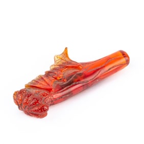 Japanese Carved Amber Netsuke of Bat on Log