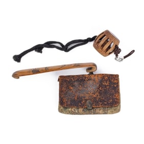 Antique Japanese Tobacco Pouch w/ Bamboo Netsuke