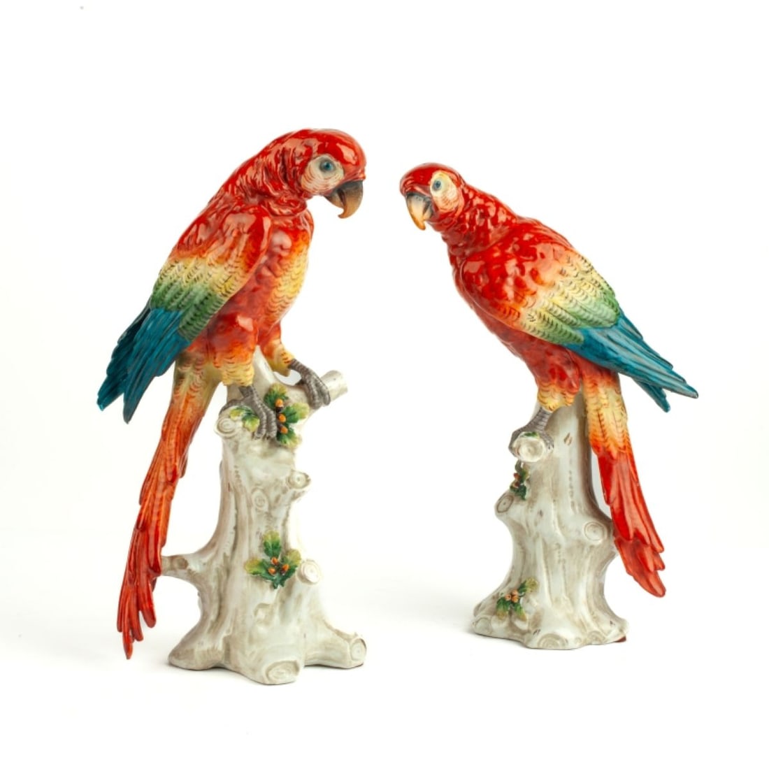 Pair Antique German Porcelain Parrot Sculptures