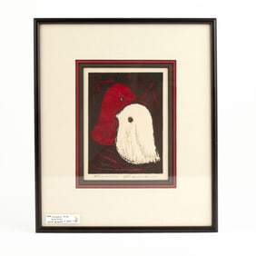 Kaoru Kawano "Love Birds" Japanese Woodblock Print