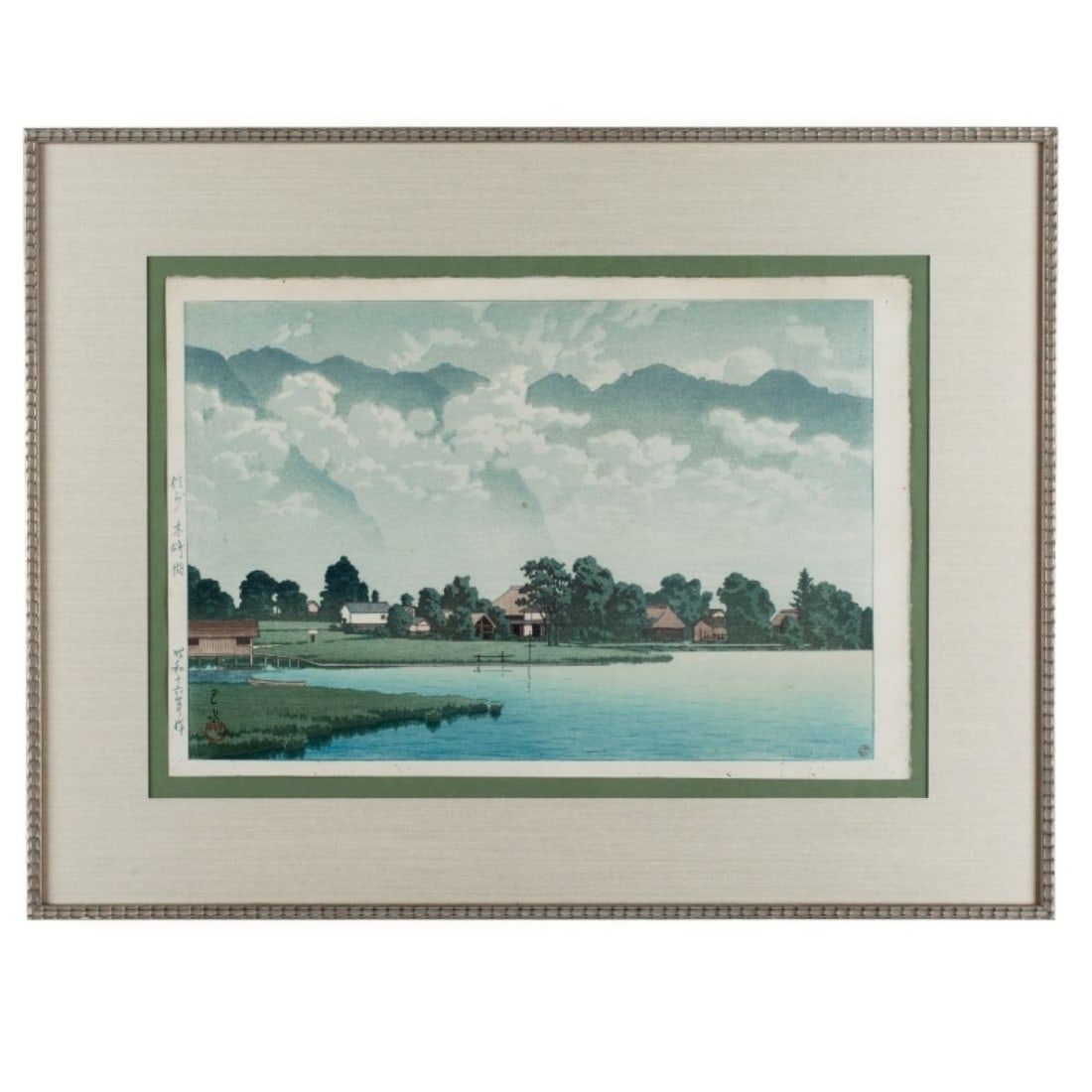 Hasui Kawase "Lake Kizaki in Shinshu" Woodblock: Hasui Kawase (1883-1957 Japan) "Lake Kizaki in Shinshu" Japanese Woodblock Print, 1941. Watanabe 6mm circular seal lower right corner. Image measures 9.75x14.25" on 10.5x15.5" sheet. Professionally fr