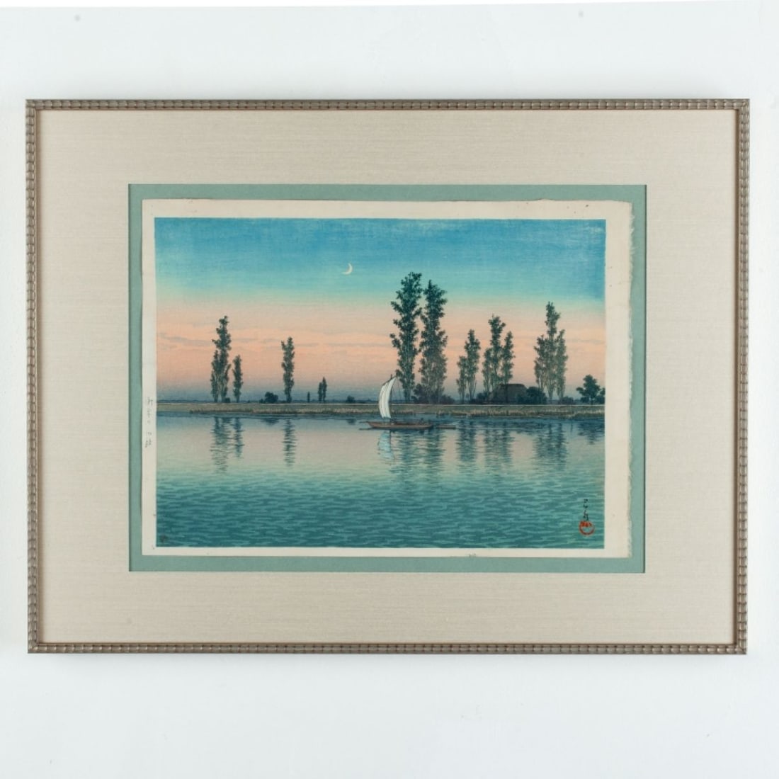 Hasui Kawase "Early Autumn at Itako" Woodblock: Hasui Kawase (1883-1957 Japan) "Early Autumn at Itako" Japanese Woodblock Print, 1929. Watanabe 6mm circular seal lower left corner. Image measures 10x13.5" on 10.75x14.5" sheet. Professionally framed