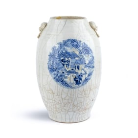 Antique Chinese Blue & White Porcelain Crackled Glaze Jar