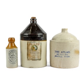 Antique Advertising Stoneware Crock Jugs