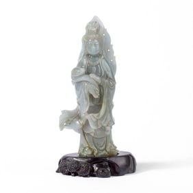 Chinese Carved Blue Hardstone Guanyin Statue