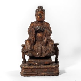Antique Chinese Carved Wood Emperor / Court Figure