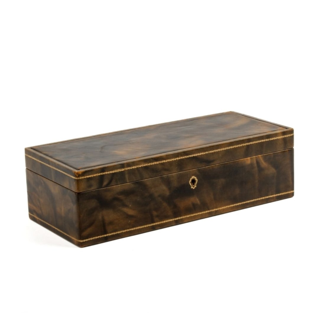 Vintage Florentine Italian Leather Box: Brown leather Florentine desk / jewelry box with stamped gilt trim. Inner lift out velvet lined tray. Lock is present; key not included. Circa mid 20th C. Very good condition with aged surface patina.