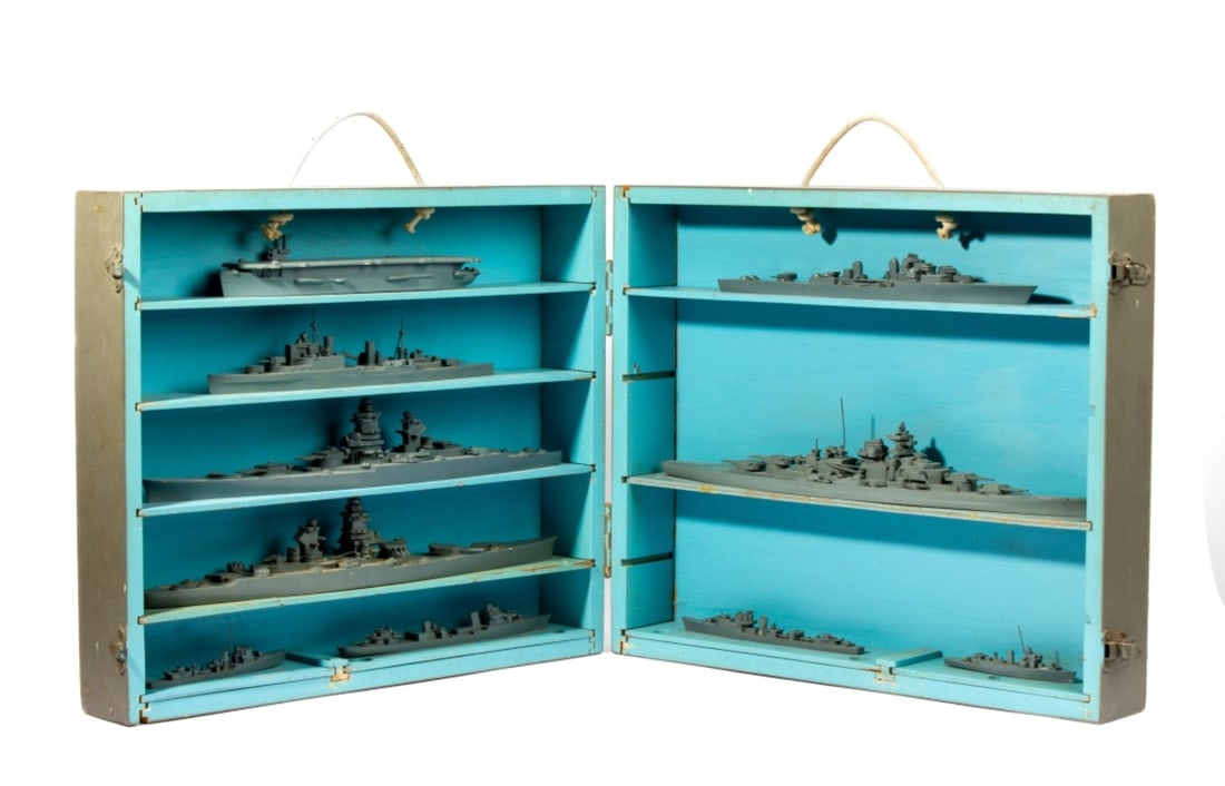 WWII US Navy Supplement Mark I Recognition Models: WWII US Navy Supplement Set Mark I. Set of 10 various British, French, and German ship models in 1/500 scale. Set circa 1944, manufactured by H. A. Framburg & Co, and Comet Metal Products. Includes Ba