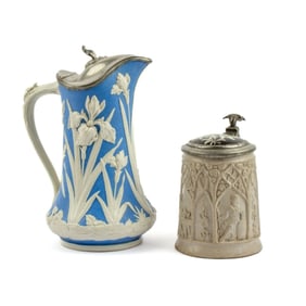 Relief Molded Stein & Pitcher / Pewter Lids