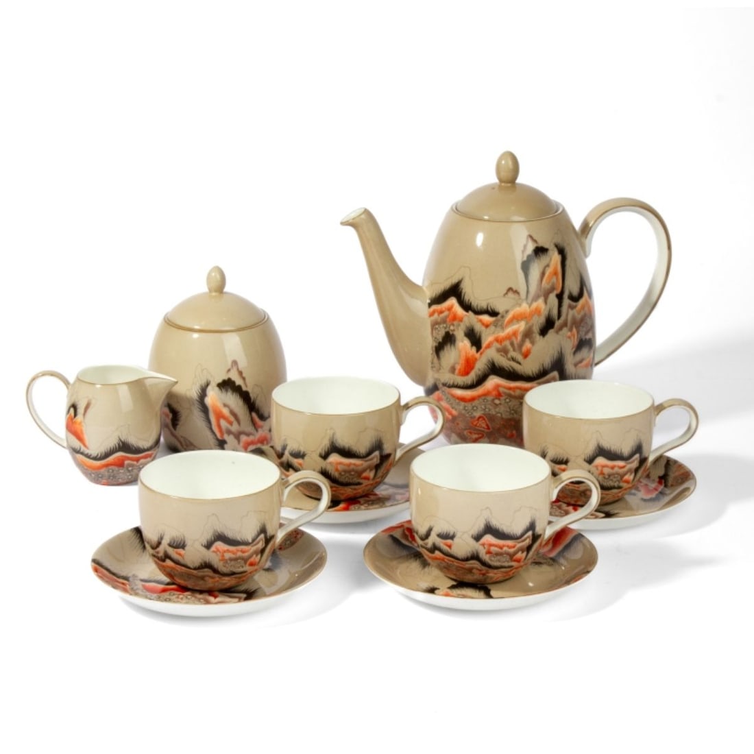 Fiona Jaio / Orientalism Bone China Tea Set: Hand painted "KURSHAN STONE" pattern bone china tea set designed by Fiona Jaio for Orientalism. Includes lidded tea pot (8.75" H), creamer, lidded sugar bowl, 4 cups, and 4 saucers in custom fitted bo