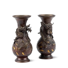 Pair Japanese Meiji Cast Bronze Dragon Vases