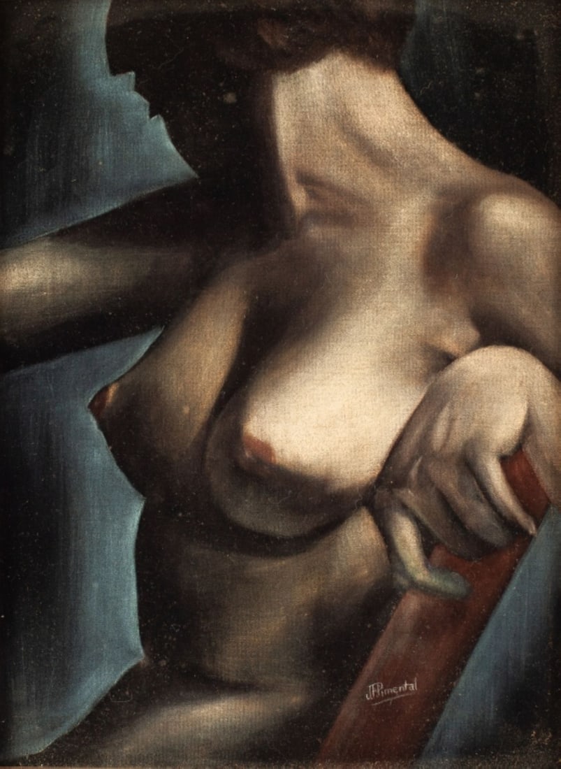 Stylized Female Nude Painting on Black Velvet: Stylized Female Nude Painting on Black Velvet signed J.F. Pimental. In the style of Tamara Lempicka. Signed lower right. Matte paint on black velvet. Painting measures 15.5x11.5" and is in solid wood 