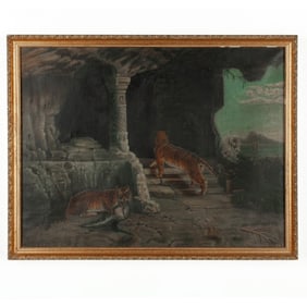 Antique Naive Oil Painting of Tigers dated 1908