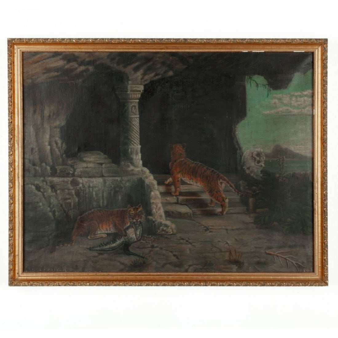 Antique Naive Oil Painting of Tigers dated 1908: Antique Naive Oil on Canvas Painting of Tigers dated 1908. Appears to be signed "Laura Healy R." at lower left and dated 1908 at lower right. Paper label applied to verso written in ink titles the art