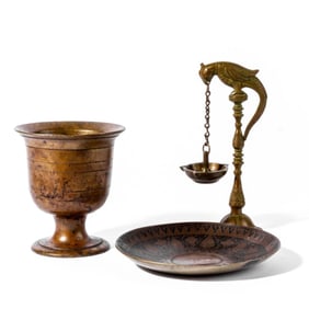 3 Antique Persian / Indian Bronze Dish & Cup