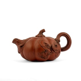 Chinese Yixing Hongni Clay Pumpkin Form Teapot