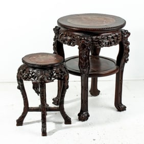 Two Chinese Carved Hardwood Inset Marble Stands