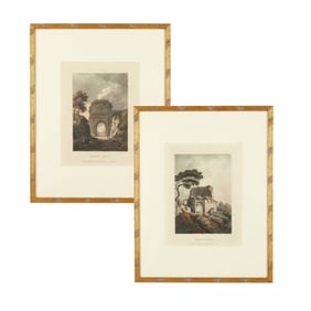 Pair 18th C Merigot Roman Ruins Colored Etchings