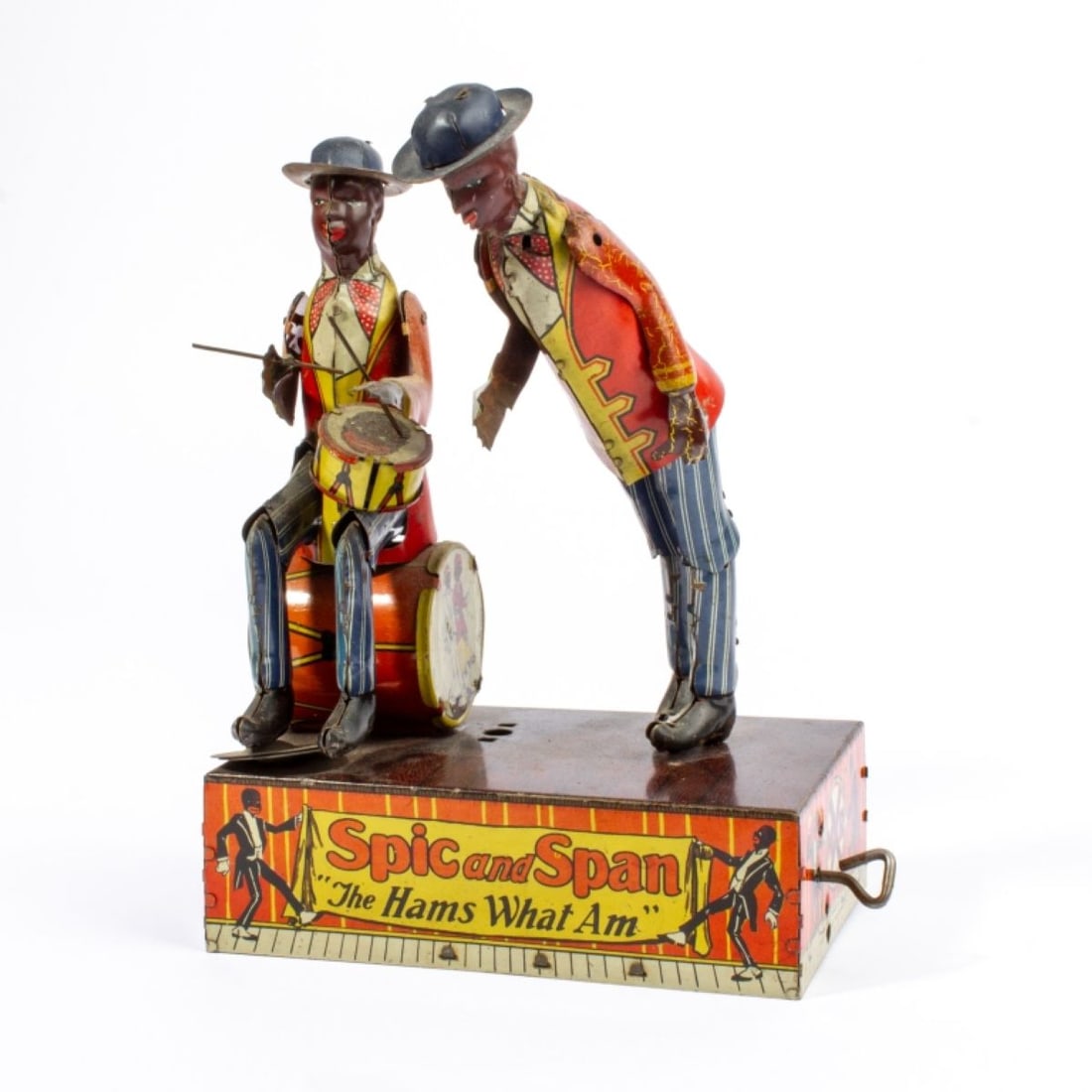 "Spic and Span" Black Americana Tin Toy / Marx: Spic and Span "Then Hams What Am" tin lithograph wind-up toy. MARX logos to each side and 1924 patent dates to large drum. Standing dancing figure missing instrument and bow and missing "floor stick"