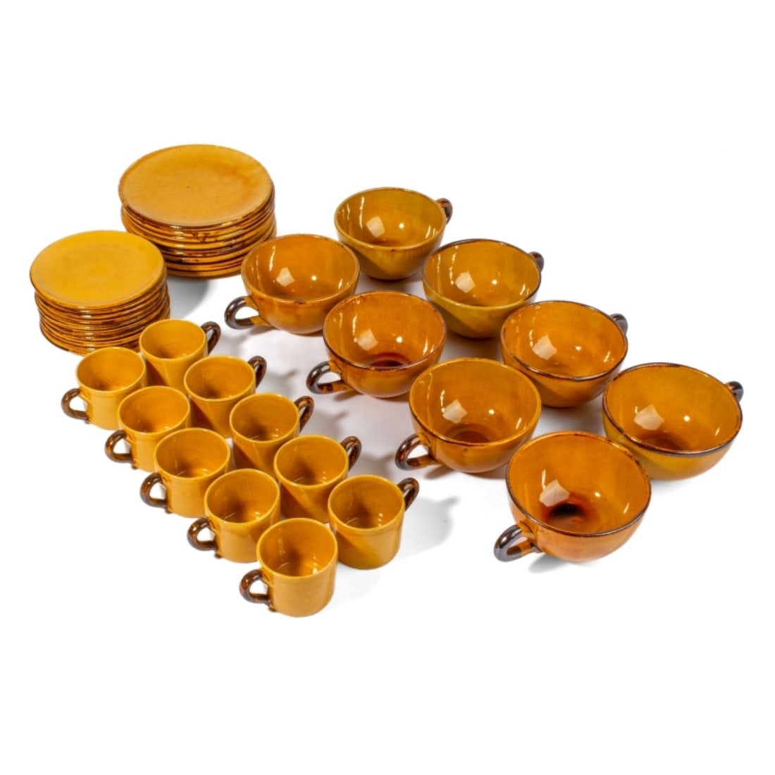 French Yellow Glaze Pottery Coffee Cup Sets: (1) Set 10 vintage Dieulefit de Haute Provence small scale coffee / espresso cups (2.25" H) with matching saucer plates (5.5" dia). (2) Set 8 vintage Aegina Vallauris oversize handled coffee cups (3"