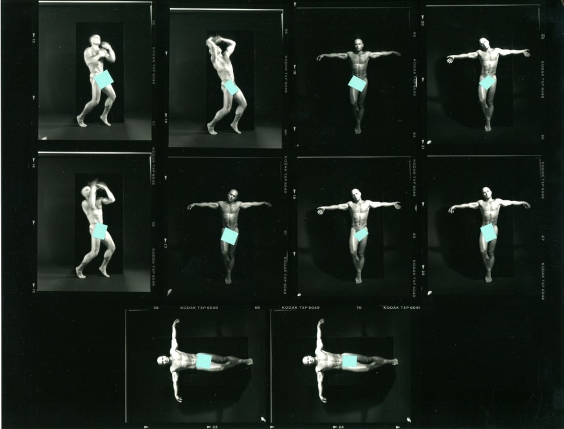 Male Nude Model Contact Print Sheet: Professional photography studio contact sheet of a nude male model in different poses; circa 1990s/ 2000s. Each image 2.75" x 2.25". Excellent clear sharp images printed on satin paper. 8.5" x 11".