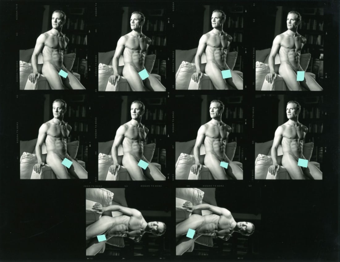 Male Nude Model Contact Print Sheet: Professional photography studio contact sheet of a nude male model in different poses; circa 1990s/ 2000s. Each image 2.75" x 2.25". Excellent clear sharp images printed on satin paper. 8.5" x 11".