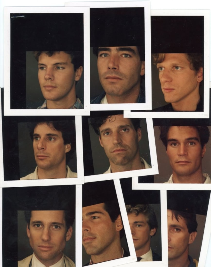1980s / 90s NY Male Model Polaroid Head Shots: Collection of 10 color polaroid male model test head shots for New York modeling agencies, circa late 80s / early 90s. All model names to the backs along with modeling agency; includes Ford, Wilhemina