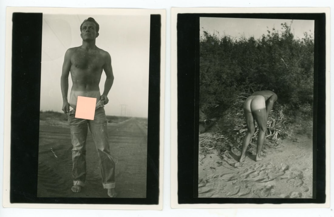 Vintage Nude Photographs of Scotty Bowers: Set of 2 circa 1950's contact print photographs of Scotty Bowers posed in a desert setting. Appear to be professionally produced contact prints; good clear sharp images on semigloss paper. Some flaws 