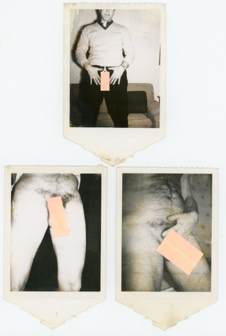 Vintage Male Nude Amateur Polaroid Photographs: Set of 3 vintage Polaroid photographs of the same large man posed in a living room. All with original pull tabs still attached. Good condition with expected Polaroid age toning, etc. 4.25" ( 5.25" w/ 
