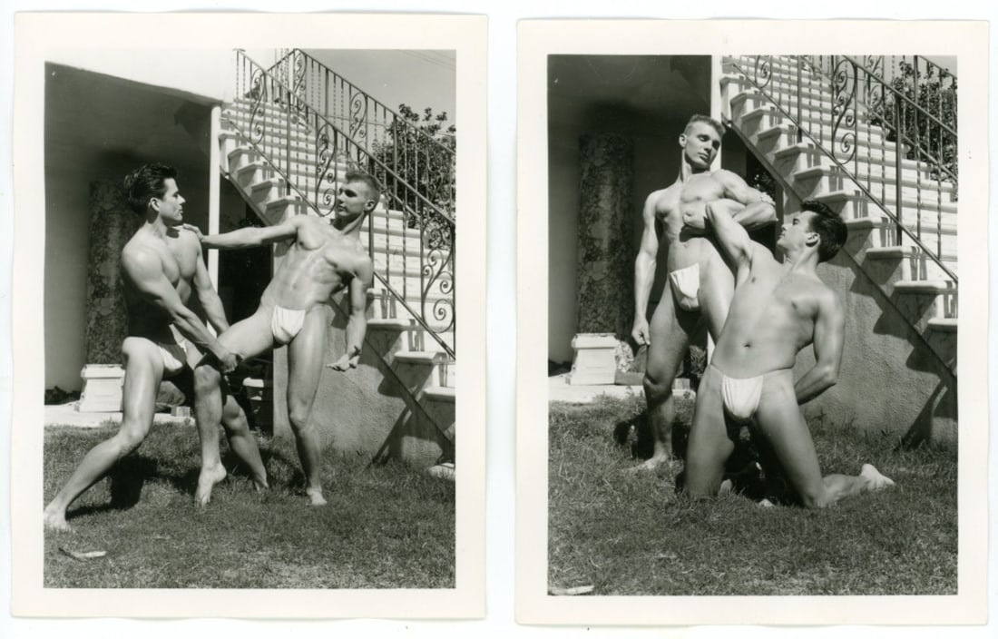 Bob Mizer AMG Nude Male Photos / Dave Wiler: Two vintage original AMG photographs of two models wrestling outdoors at Bob Mizer's compound; from the estate of the dark haired model pictured. Pencil written 4 and 9 to the backs. Good sharp images