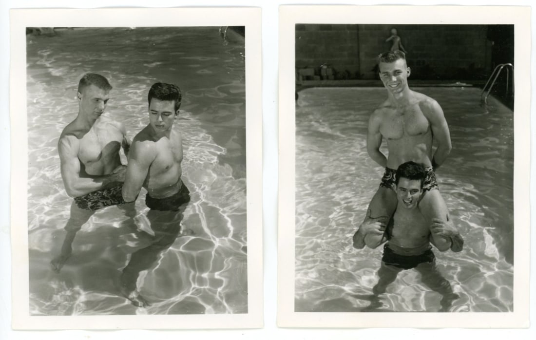Bob Mizer AMG Nude Male Photos / Dave Wiler: Two vintage original AMG photographs of two models in the pool of Bob Mizer's compound; from the estate of the dark haired model pictured. Pencil written 6 and 26 to the backs. Good sharp images print