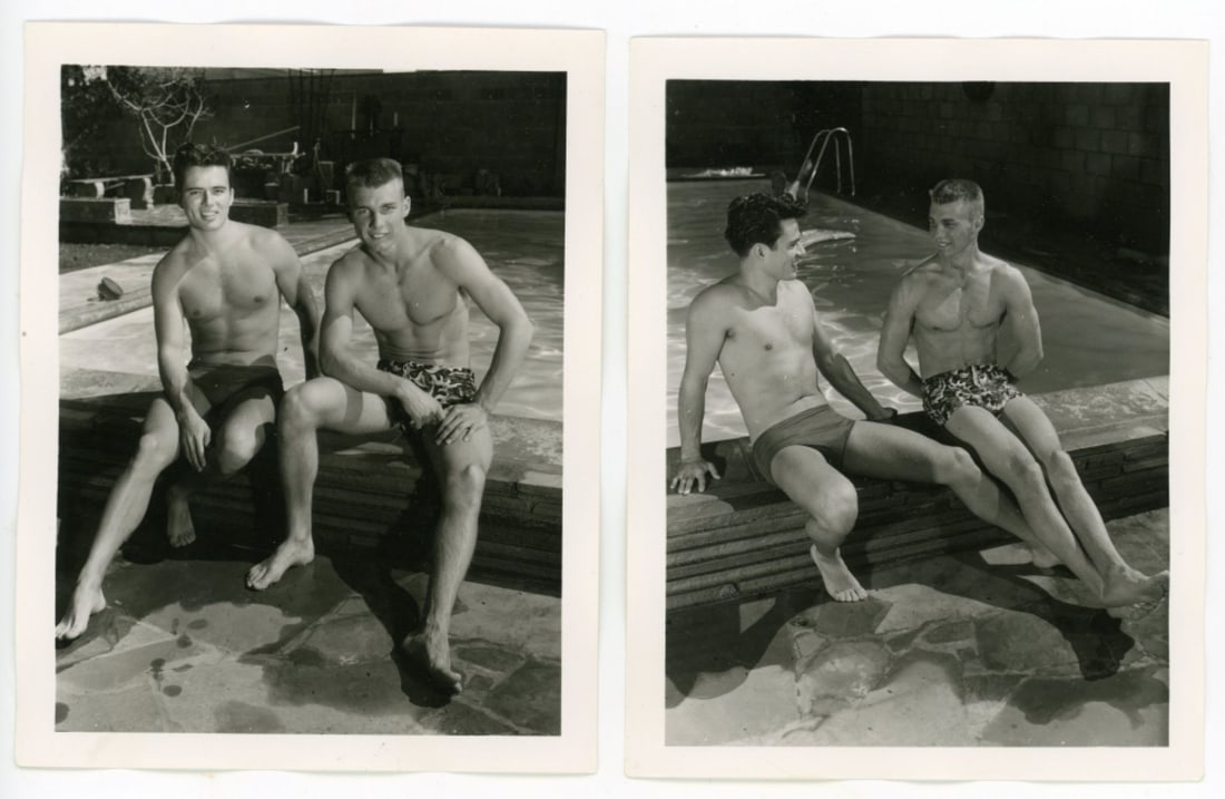 Bob Mizer AMG Nude Male Photos / Dave Wiler: Two vintage original AMG photographs of two models at the pool of Bob Mizer's compound; from the estate of the dark haired model pictured. Pencil written 19 and 23 (dated MAR 57) to the backs. Good sh