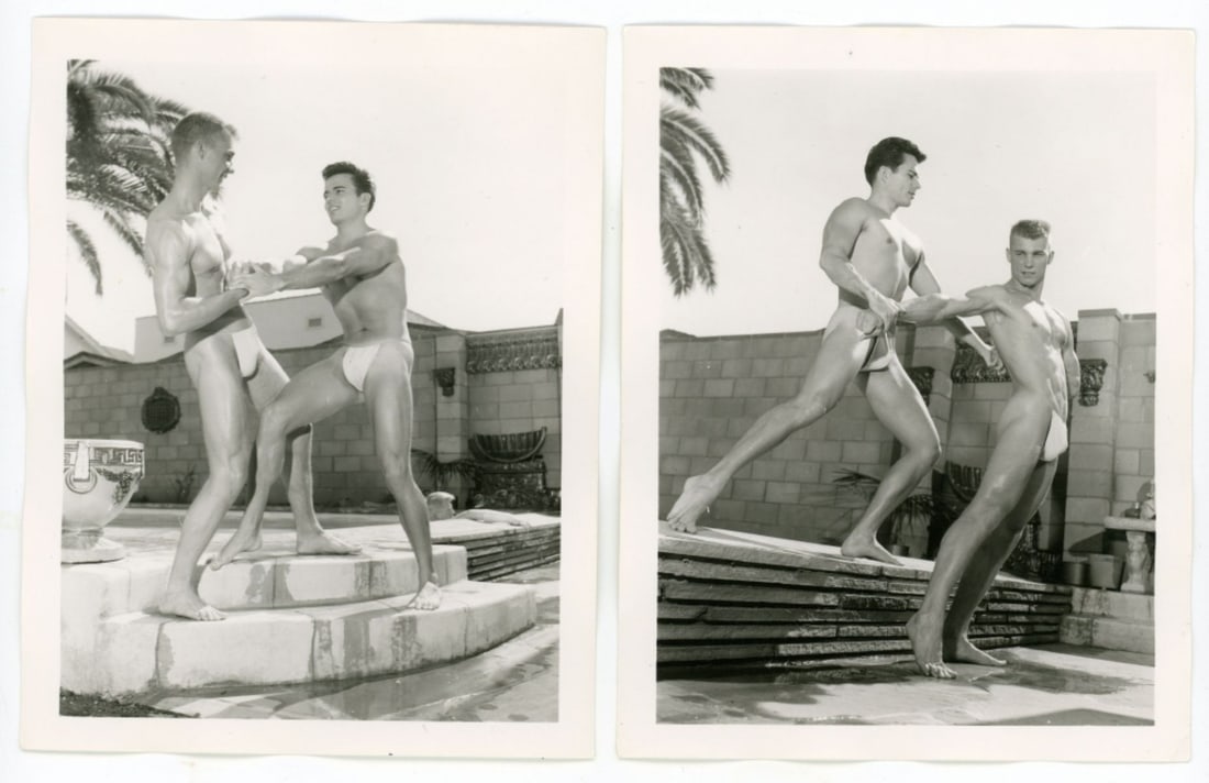 Bob Mizer AMG Nude Male Photos / Dave Wiler: Two vintage original AMG photographs of two models posing in the courtyard of Bob Mizer's compound; from the estate of the dark haired model pictured. Pencil written 2 (YPI GE and MAR 57 date) and 3 (