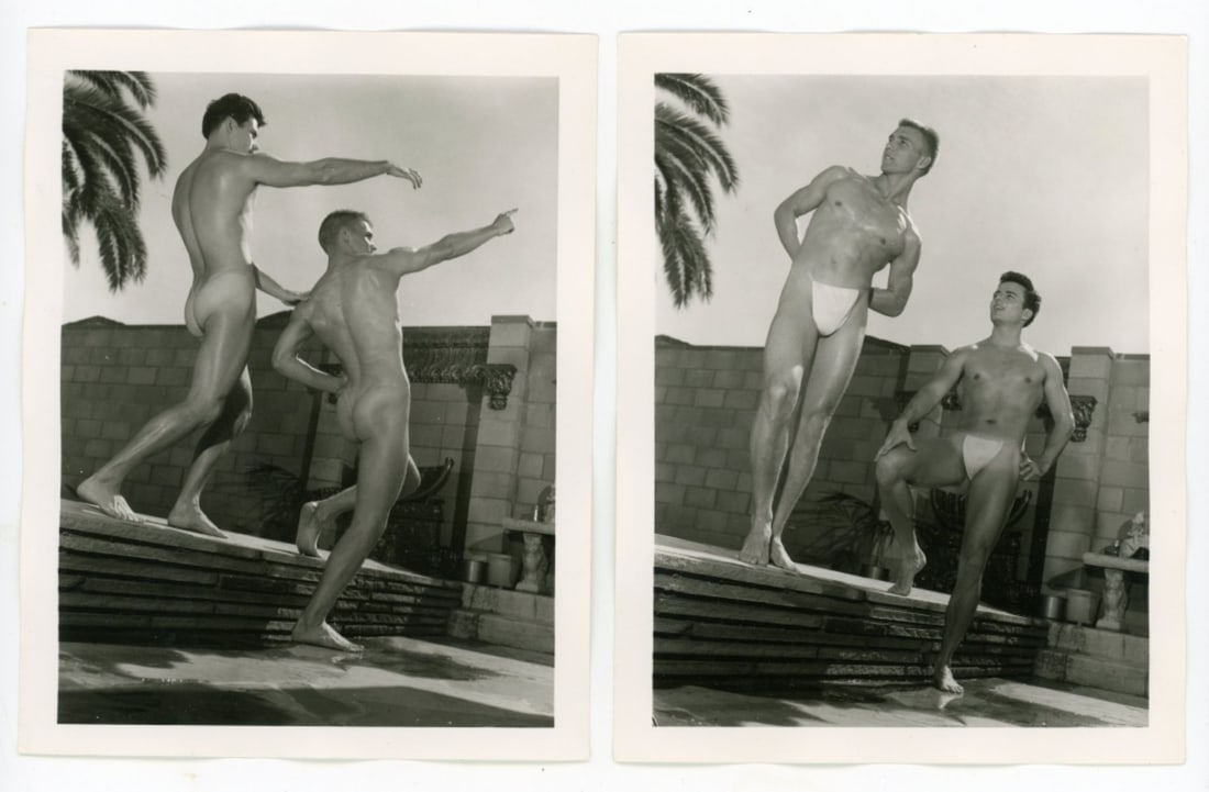 Bob Mizer AMG Nude Male Photos / Dave Wiler: Two vintage original AMG photographs of two models posing in the courtyard of Bob Mizer's compound; from the estate of the dark haired model pictured. Pencil written 7 and 28 to the backs. Good sharp