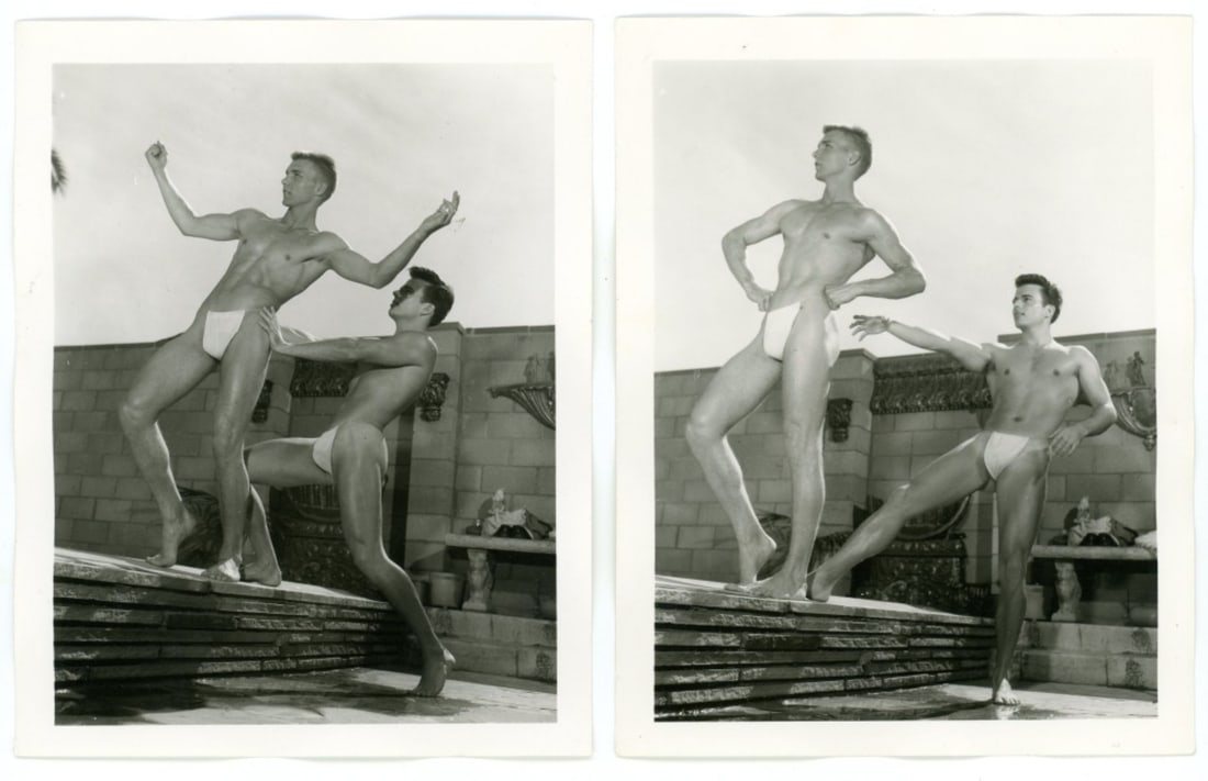 Bob Mizer AMG Nude Male Photos / Dave Wiler: Two vintage original AMG photographs of two models posing in the courtyard of Bob Mizer's compound; from the estate of the dark haired model pictured. Pencil written 8 (Dave Wiler and MAR 57 date) and