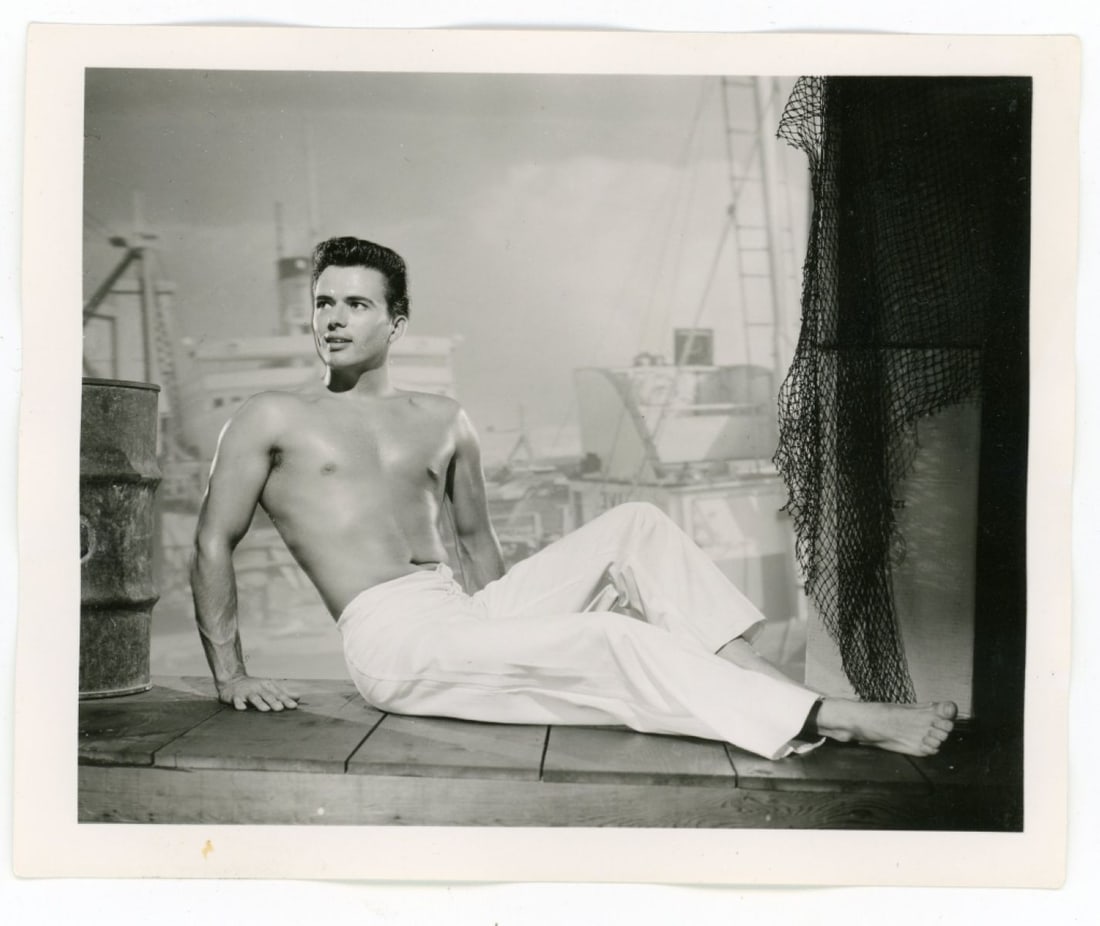 Bob Mizer AMG: Pencil written 2 with AUG 56 date (partial number stamp) to the back. Good sharp image printed on gloss paper. 4" x 5".