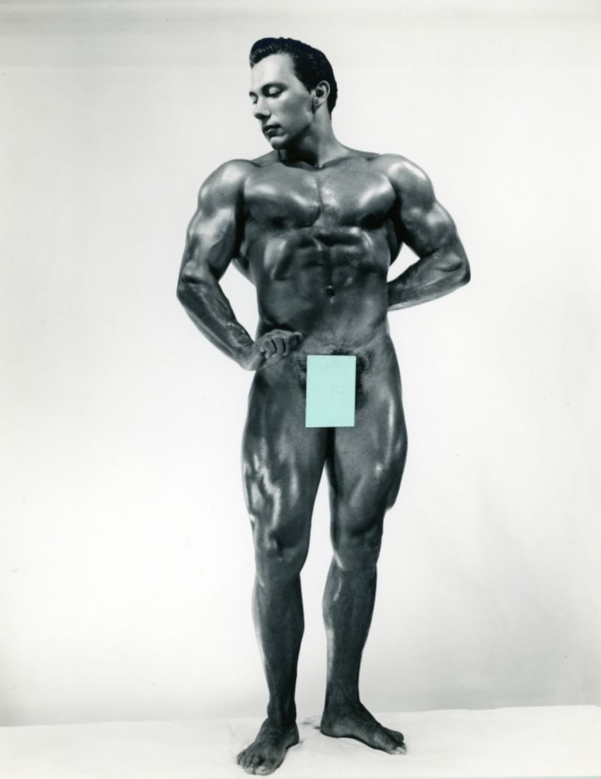 Vintage Al Urban Male Nude / John Farbotnik: Original circa 1940s/ 50s Al Urban silver gelatin photograph of John Farbotnik posed nude standing and flexing arms. Double-weight fiber low lustre paper. Stamped 2248 to the reverse along with pencil
