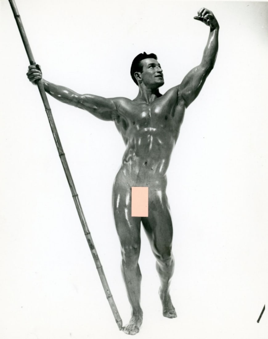 Vintage Russ Warner Male Nude / Bob McCune: Original circa 1950s Russ Warner silver gelatin photograph of Bob McCune posed nude holding bamboo pole. Double-weight fiber low luster paper. Pencil written "1-11" to the reverse. Good condition; lig