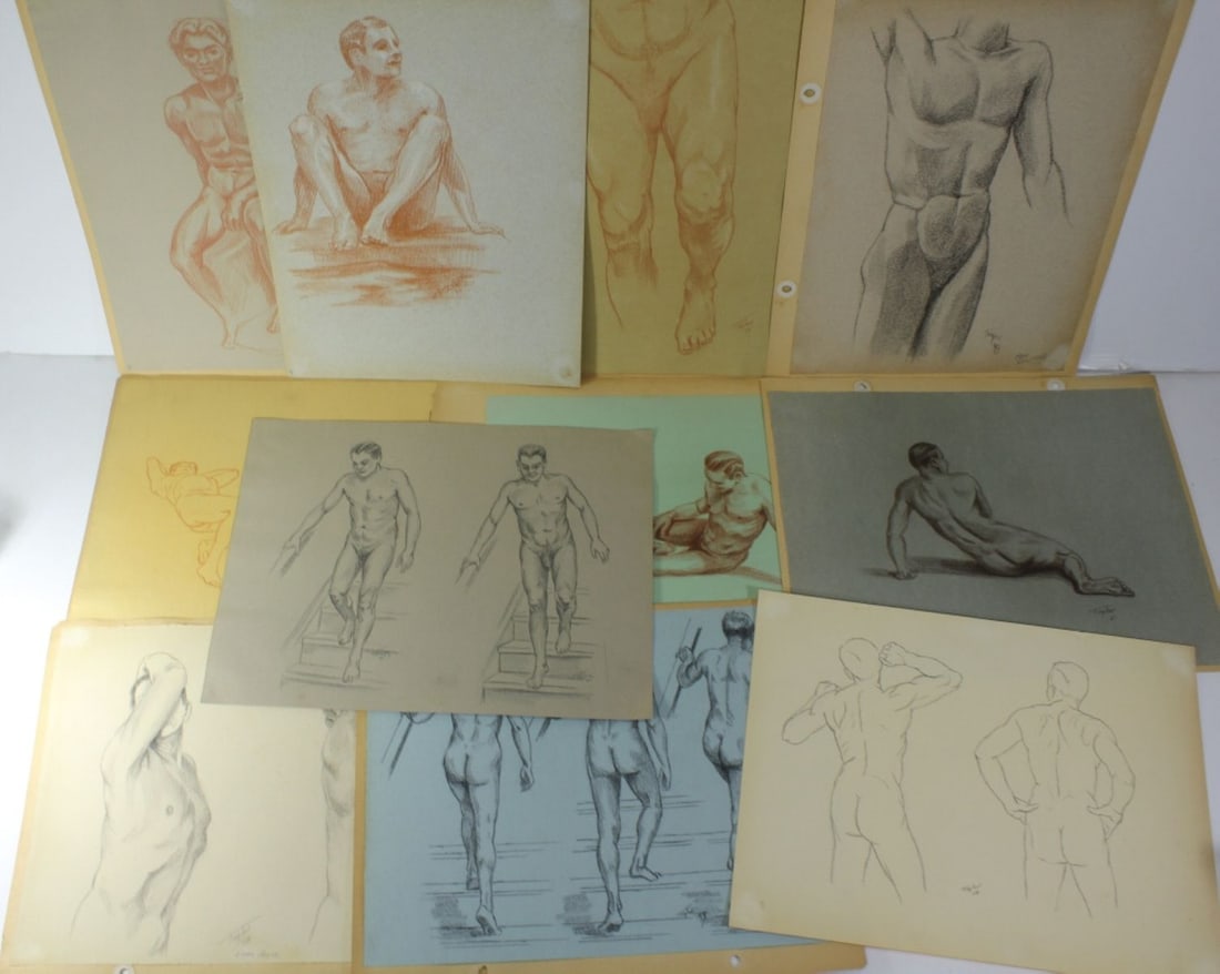 1930s/ 50s Male Nude Academic Drawings: Collection of 11 pencil and chalk male nude artist academic / study drawings on paper. All signed Taylor with dates ranging from '36 to '53. 8 drawings mounted at corners to album paper; 3 drawings lo