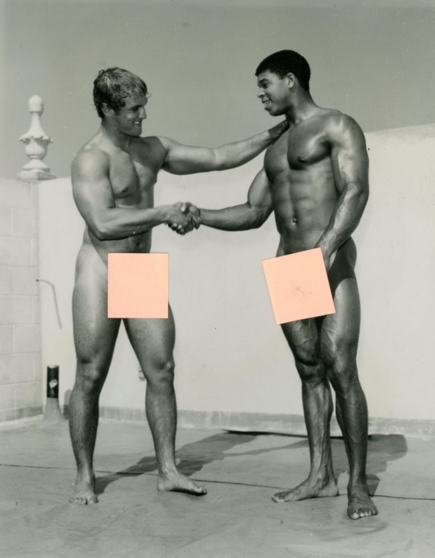 Bob Mizer AMG Male Nude Photograph: Original Bob Mizer / AMG photograph of two nude male models posed shaking hands. Clear sharp image on gloss paper. Good condition; some darkroom developing surface spots when viewed at an angle. Some