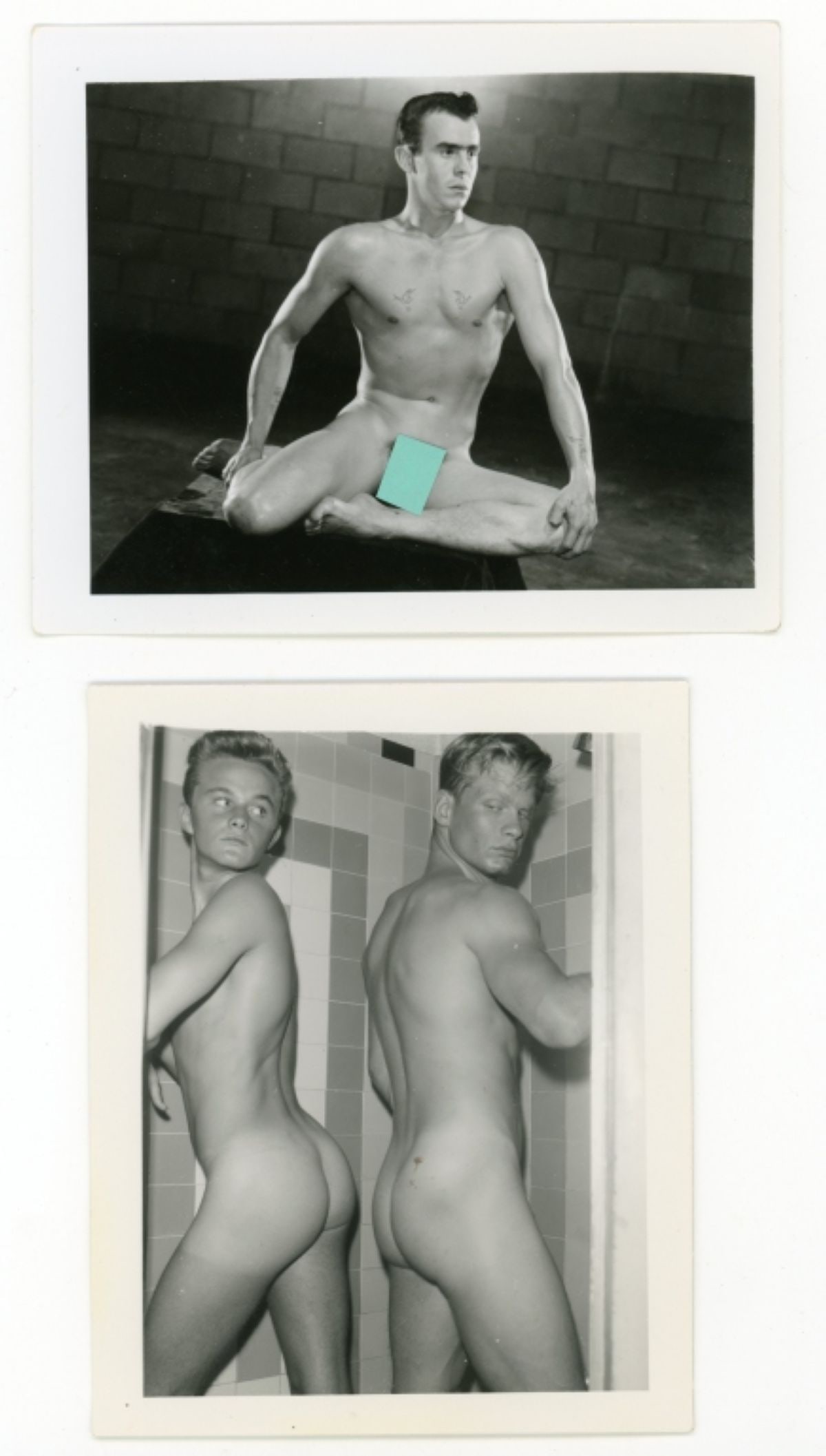 Bob Mizer AMG Male Nude Photographs: Original Bob Mizer / AMG photographs. Nude model with tattoos posed in studio (small white developing spot in "private" area). Two nude models posed in shower (small brown developing spot to rear of r