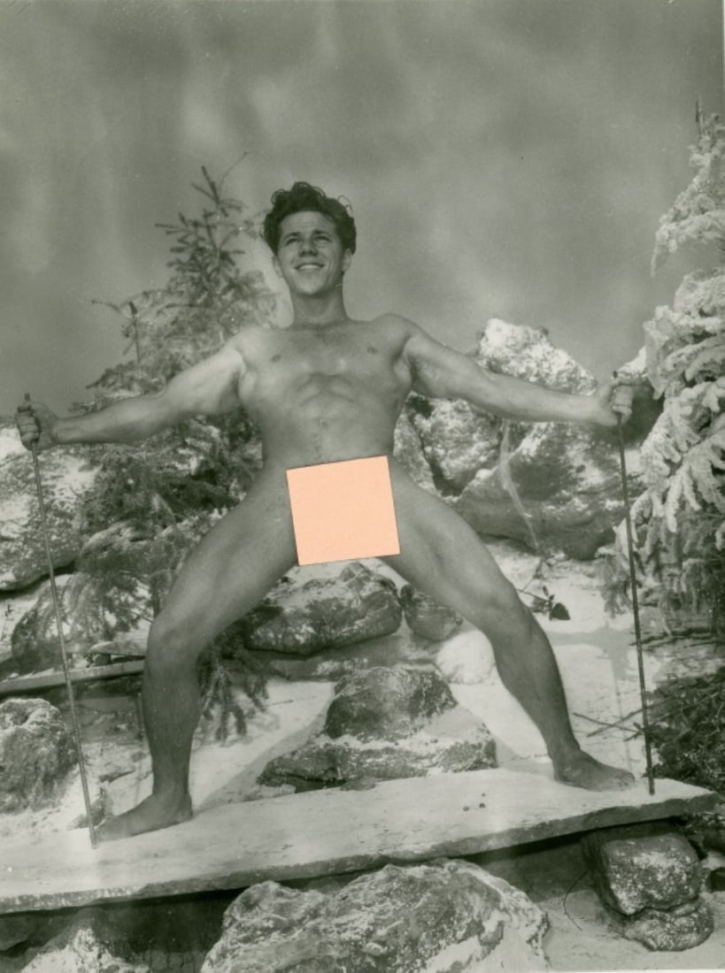 Bob Mizer AMG Male Nude Photograph: Original Bob Mizer / AMG photograph of a male nude model on skiing pose. Clear sharp images on gloss paper. Good condition; some darkroom developing surface spots when viewed at an angle. 5" x 4".