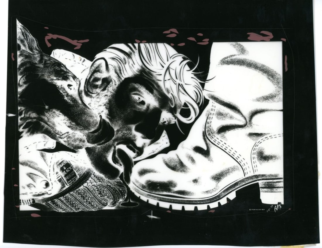 Rex Drawing Vintage Transparency Negative: "Boot Licker". Vintage transparency negative used for printing posters/ advertisements. Drawing originally commissioned for the store A Taste of Leather at 960 Folsom, San Francisco. Dated 1-2-79 lowe