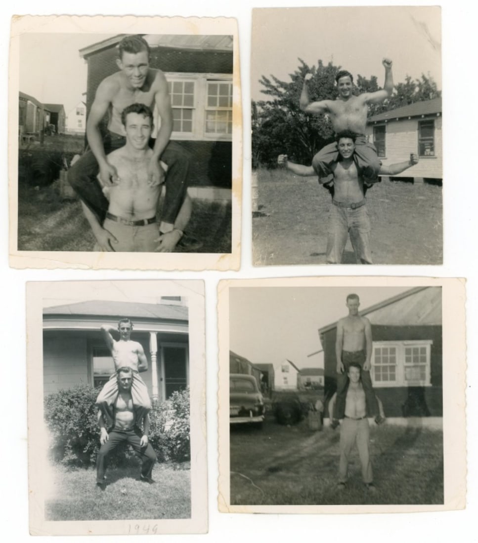 Vintage Amateur Shirtless Men on Shoulders Photos: Group of 4 photographs of shirtless male friends posed on shoulders. Mid 20th century printed on gloss paper. Good condition; some expected ageing, etc. 3.25" x 3.5", 3.5" x 3.25", 3.5" x 2.75", and 3