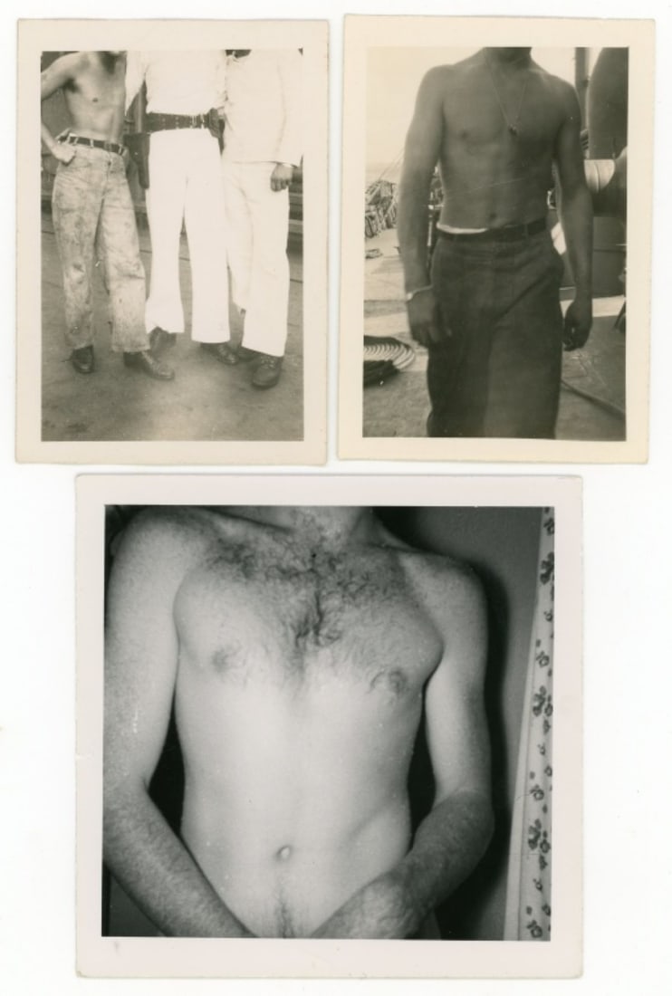 Amateur Snapshot Photos / Shirtless Men / Sailors: Group of 3 snapshot photos of "headless" / bad crop shirtless men. All printed on gloss paper. Good condition. Man in shower 4" x 4". Sailors 3.5" x 2.5".