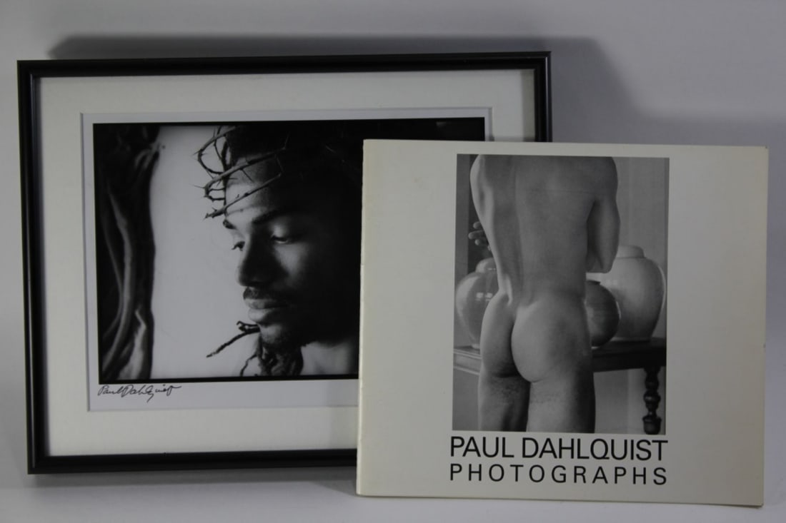 Paul Dahlquist (1929-2019) Photo & Signed Booklet: (1) "Christopher", 1989. Silver gelatin photograph of young man wearing crown of thorns. Signed lower left. Mat opening 6.25" x 8.75". Black metal frame 8.75" x 11.25". (2) 1991 Silver Image Gallery (