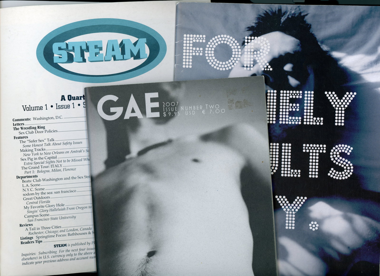 Gay Art Magazines / Steam / Gae / Lonely Adults: Group of 4 gay / queer art magazine booklets. (1) "Steam: A Quarterly Journal for Men". Volume 1 Issue 1 Spring 1993. Travel directory for world sex clubs, etc. Scott O'Hara publisher and editor. 68 p